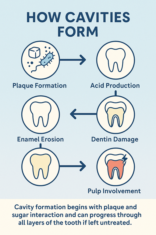 Flowchart infographic showing five stages of cavity formation: plaque formation, acid production, enamel erosion, dentin damage, and pulp involvement, with dental icons and arrows indicating progression.