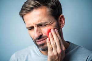 Person holding their jaw in pain due to an advanced cavity, showing signs of toothache and gum swelling.