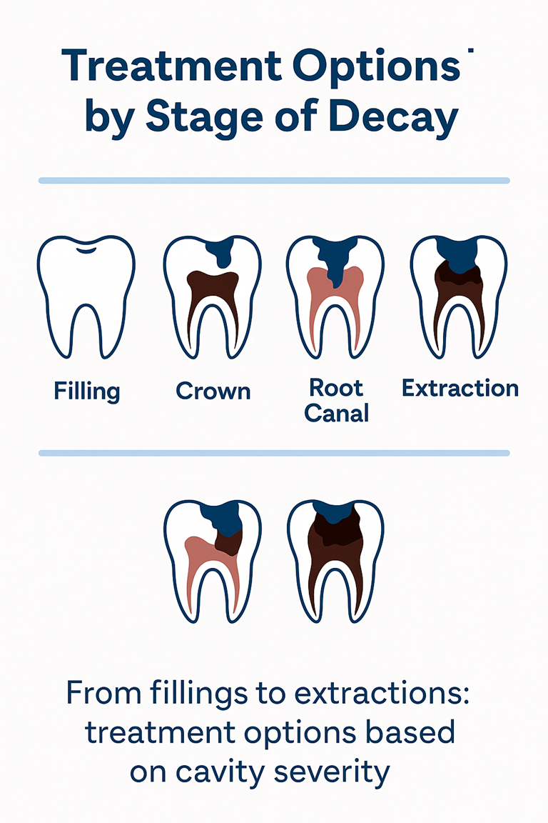 Infographic showing stages of tooth decay with matching dental treatments: filling, crown, root canal, and extraction, represented with cross-sectional tooth illustrations.