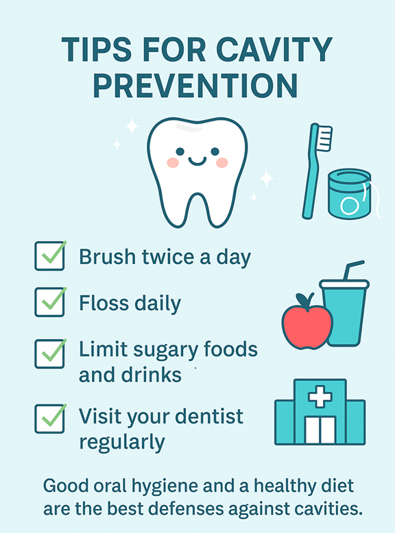 Infographic featuring a smiling tooth and four checklist items: brush twice a day, floss daily, limit sugary foods and drinks, and visit your dentist regularly. Includes icons for dental care and a healthy lifestyle.
